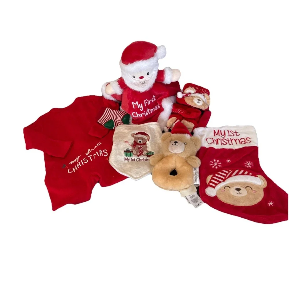 Baby's 1st Christmas Gift Basket Stocking Outfit Booties Bib Socks Lovey Rattle